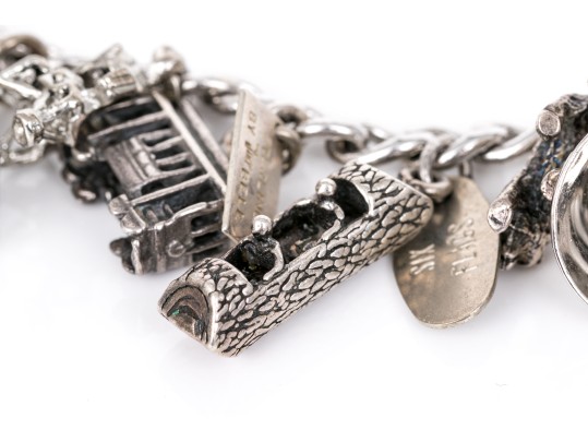 Curb Link Charm Bracelet With Assorted Sterling And Silverplate Charms, Some Loose