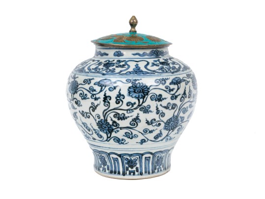 Chinese Ming Style Blue And White Porcelain Vase With Enameled Lid