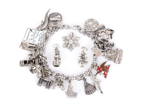 Curb Link Charm Bracelet With Assorted Sterling And Silverplate Charms, Some Loose