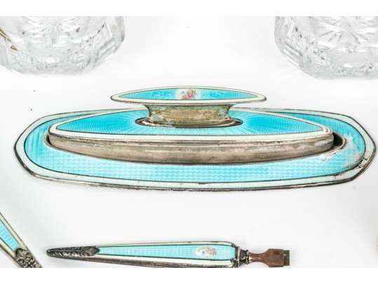 Large Antique Sterling Silver And Enameled Dresser Set With Perfumes