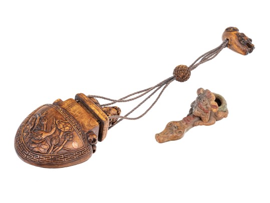 Japanese Inro And Mesoamerican Carved Pipe