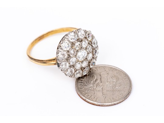 14k Yellow Gold Impactful Vintage Round Diamond Cluster Ring, App. 1.10 TCW, Size 8-