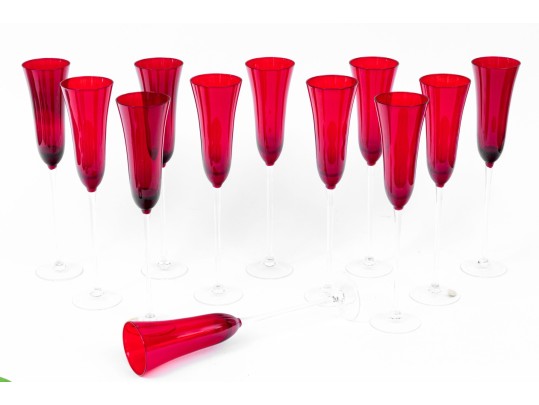 Set Of Twelve Bohema Elegant Ruby Glass Stemmed Champagne Flutes