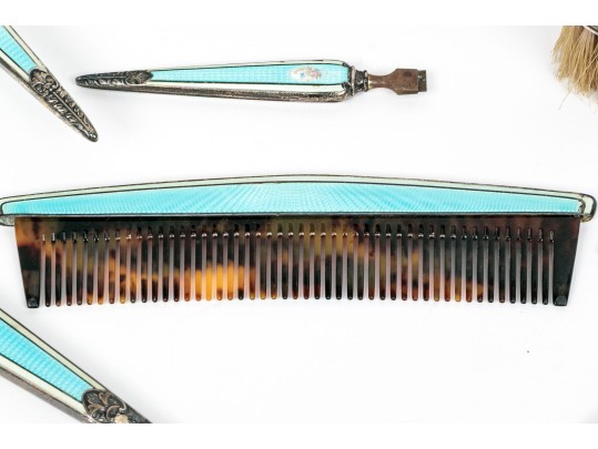 Large Antique Sterling Silver And Enameled Dresser Set With Perfumes