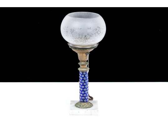 Antique Oil Lamp Converted To Electrical With Etched Glass Shade