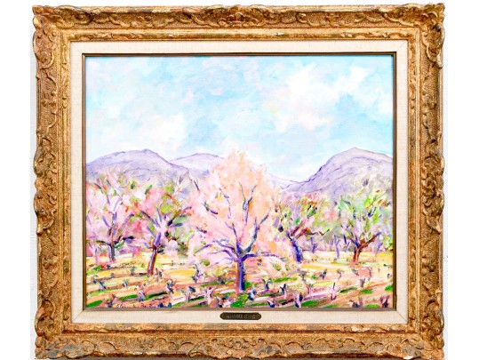Alexander Beattie (20th C.) Impressionist Style Landscape With Mountains And Trees In Bloom