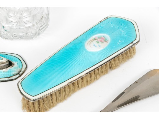 Large Antique Sterling Silver And Enameled Dresser Set With Perfumes