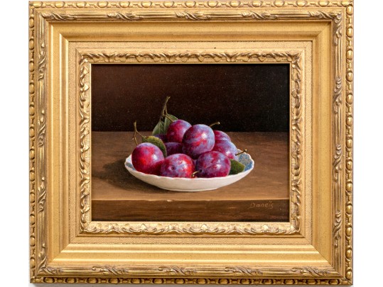 Signed Danïs Oil On Canvas, Still Life Of Plums
