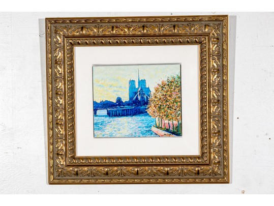Andre Bardet, Oil On Board, Impressionist Style Painting Of Notre Dame