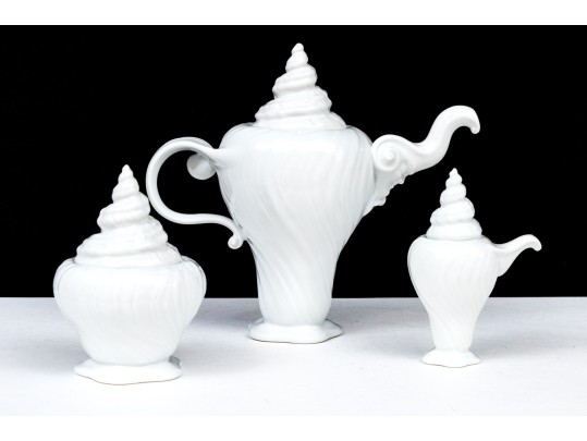 Three Piece Royal Copenhagen White Glazed Shell Form Coffee Set