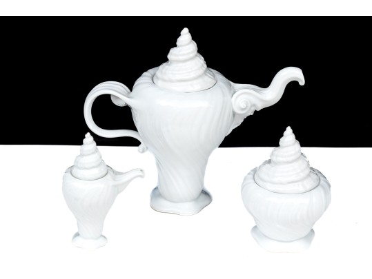 Three Piece Royal Copenhagen White Glazed Shell Form Coffee Set
