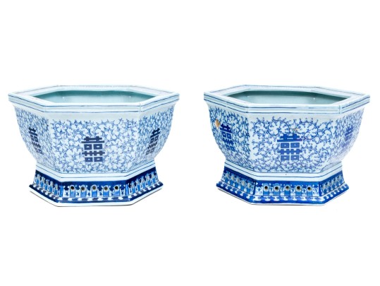 Decorative Pair Of Blue And White Hexagonal Footed Planters