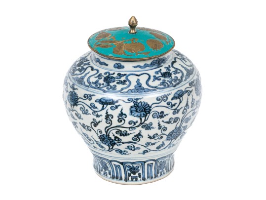 Chinese Ming Style Blue And White Porcelain Vase With Enameled Lid