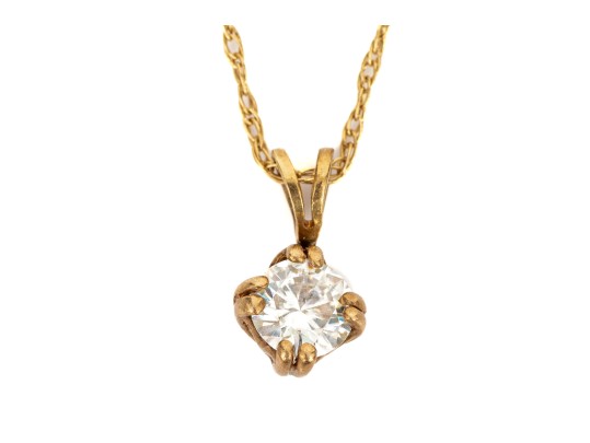 14k Yellow Gold Pretty Round Brilliant Moissanite Solitaire Pendant, Prong Set, With Chain