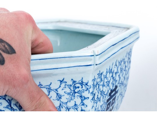 Decorative Pair Of Blue And White Hexagonal Footed Planters