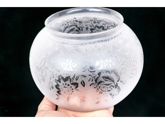 Antique Oil Lamp Converted To Electrical With Etched Glass Shade