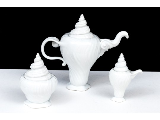 Three Piece Royal Copenhagen White Glazed Shell Form Coffee Set
