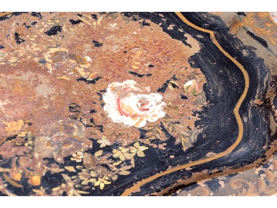 Antique Tole Tray Top Table With Faux Bamboo Frame