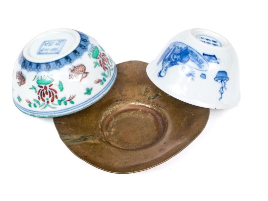 Collection Of Chinese Porcelain Tea Bowls And Brass Saucer