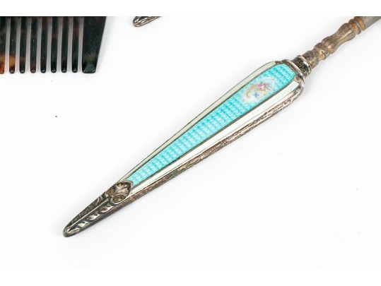 Large Antique Sterling Silver And Enameled Dresser Set With Perfumes