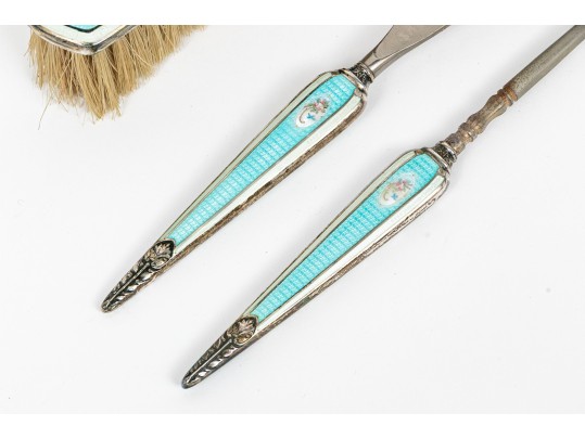 Large Antique Sterling Silver And Enameled Dresser Set With Perfumes