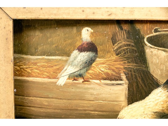 19th Century  Oil On Panel, Chicken And Her Chicks Feeding