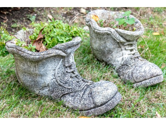 Whimsical Pair Of Cast Stone Boot Form Planters