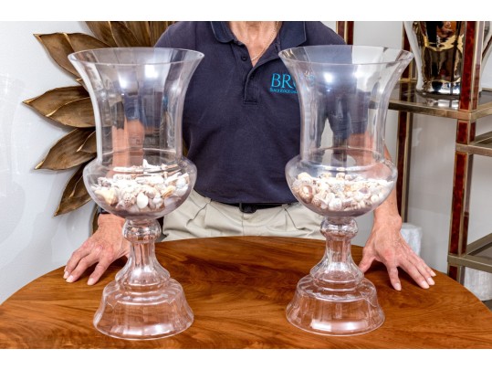 Awesome Large Pair Of Glass Footed Urns Filled With Seashells