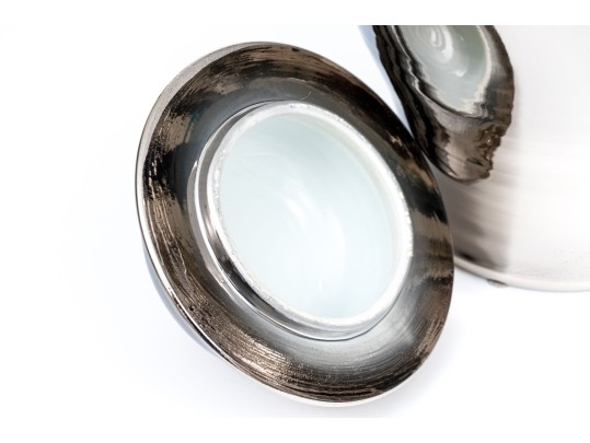 Pair Of Sleek Chrome Glazed Lidded Baluster Jars