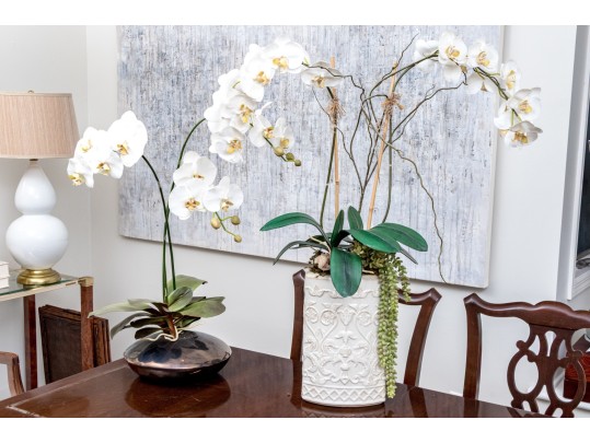Set Of Two Lavish Faux Orchids In Decorative Ceramic Vases