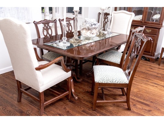 Double Pedestal Extension Dining Table With Eight Chippendale Style Chairs
