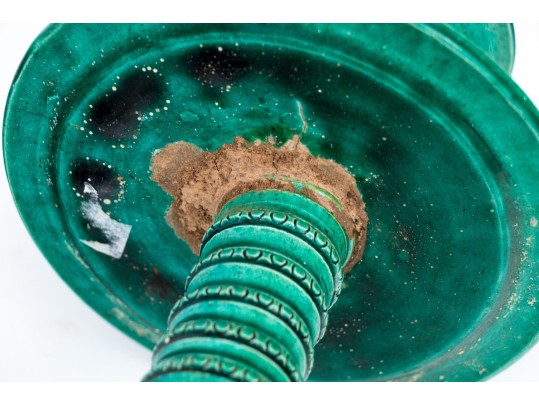 Pair Of Turquoise Glazed Moulded Ceramic Candlesticks