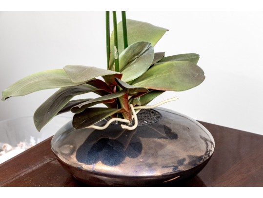 Set Of Two Lavish Faux Orchids In Decorative Ceramic Vases