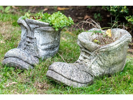 Whimsical Pair Of Cast Stone Boot Form Planters