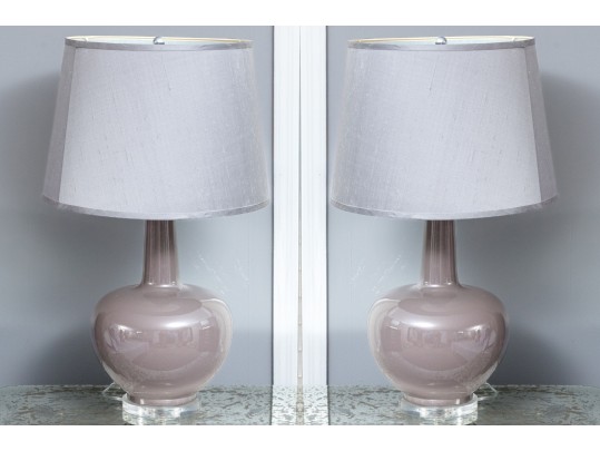 Pair Of Chinese Ceramic Vase Form Table Lamps On Lucite Bases