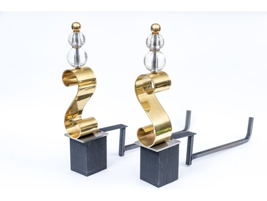 Pair Of Brass And Iron And Glass Scroll Form Andirons