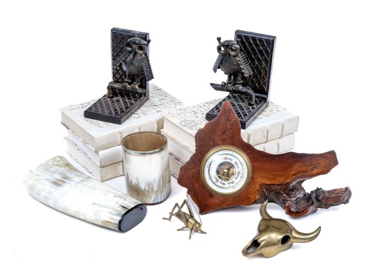 Eclectic Collection Of Table Top Items With Barometer