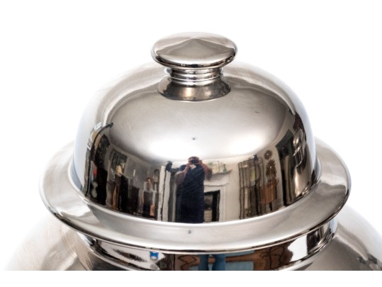 Pair Of Sleek Chrome Glazed Lidded Baluster Jars