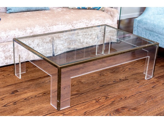 Luxurious Glass, Brass, And Lucite Cocktail Table