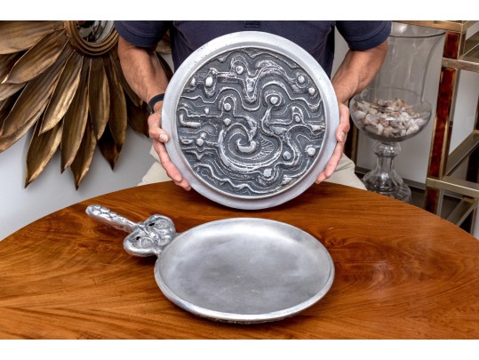 Don Drumm Pewter Or Aluminum Lidded Box And Serving Plate With Handle