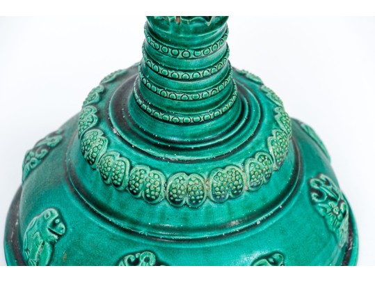 Pair Of Turquoise Glazed Moulded Ceramic Candlesticks