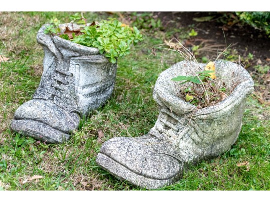 Whimsical Pair Of Cast Stone Boot Form Planters