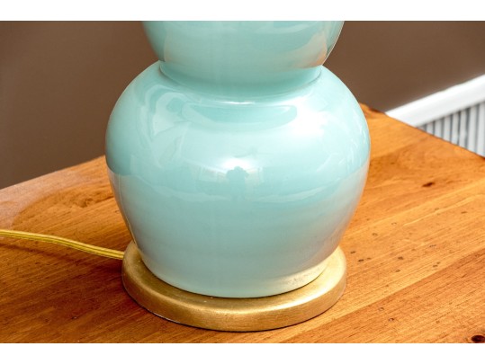 Pair Of Festoni Triple Gourd Celadon Ceramic Table Lamps