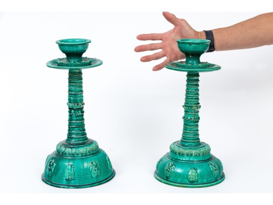 Pair Of Turquoise Glazed Moulded Ceramic Candlesticks