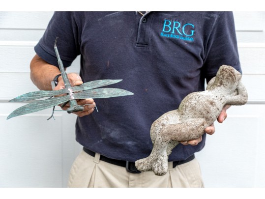 Cast Stone Reclining Frog And Copper Dragonfly