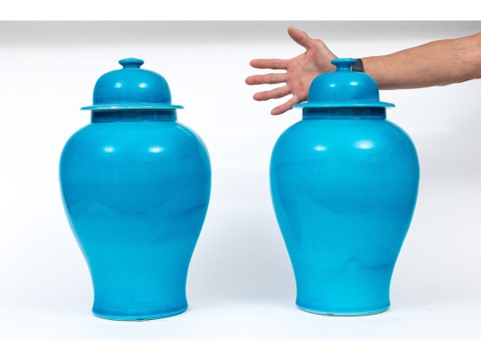 Quality Pair Of Cerulean Blue Glazed Baluster Jars