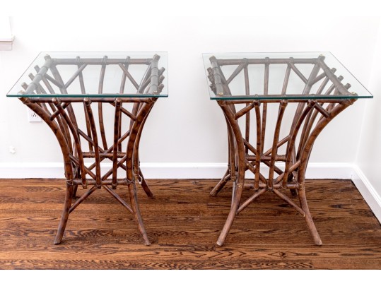 Glamorous Pair Of Carved Faux Bamboo And Rattan Tables With Glass Tops