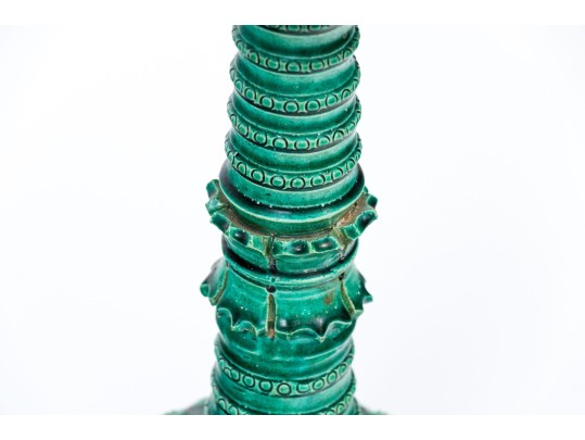 Pair Of Turquoise Glazed Moulded Ceramic Candlesticks