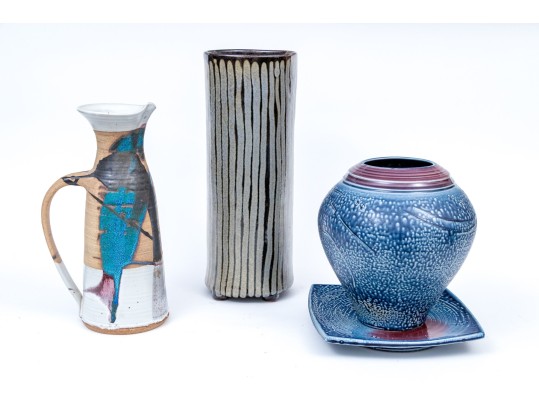 Studio Pottery Pitcher, Vases, And Underplate