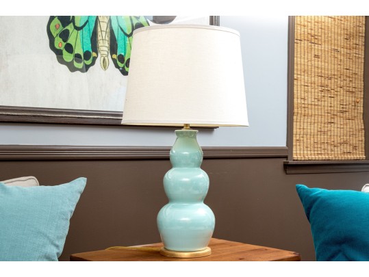 Pair Of Festoni Triple Gourd Celadon Ceramic Table Lamps